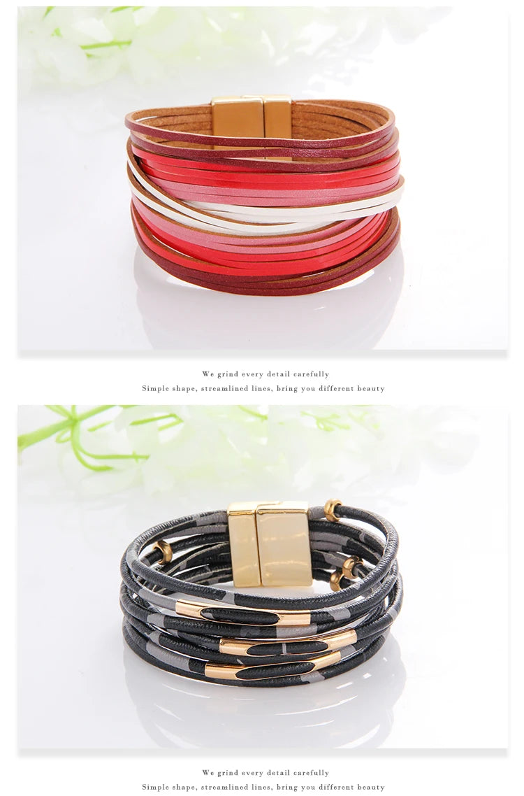 WYBU Multilayer Leather Bracelet For Women Magnet Clasp Charm Braided Wide Wrap Bracelets Bangles Female Bohemian Style Jewelry