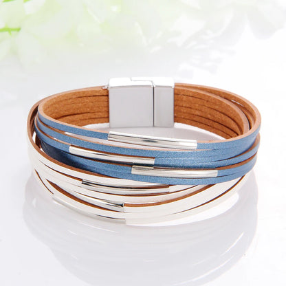 WYBU Multilayer Leather Bracelet For Women Magnet Clasp Charm Braided Wide Wrap Bracelets Bangles Female Bohemian Style Jewelry