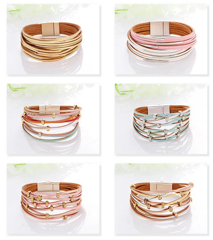 WYBU Multilayer Leather Bracelet For Women Magnet Clasp Charm Braided Wide Wrap Bracelets Bangles Female Bohemian Style Jewelry