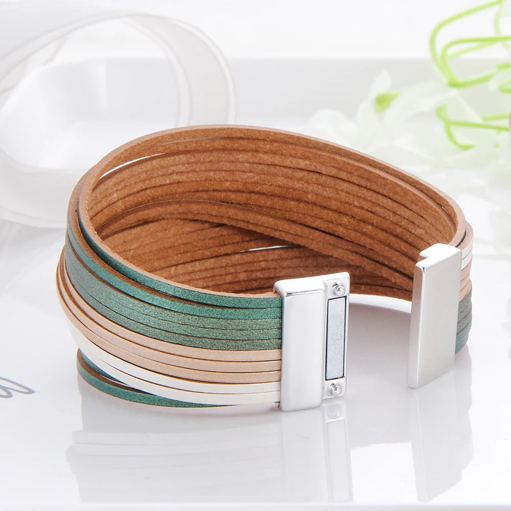 WYBU Multilayer Leather Bracelet For Women Magnet Clasp Charm Braided Wide Wrap Bracelets Bangles Female Bohemian Style Jewelry