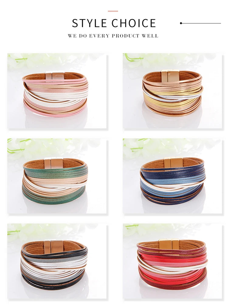 WYBU Multilayer Leather Bracelet For Women Magnet Clasp Charm Braided Wide Wrap Bracelets Bangles Female Bohemian Style Jewelry