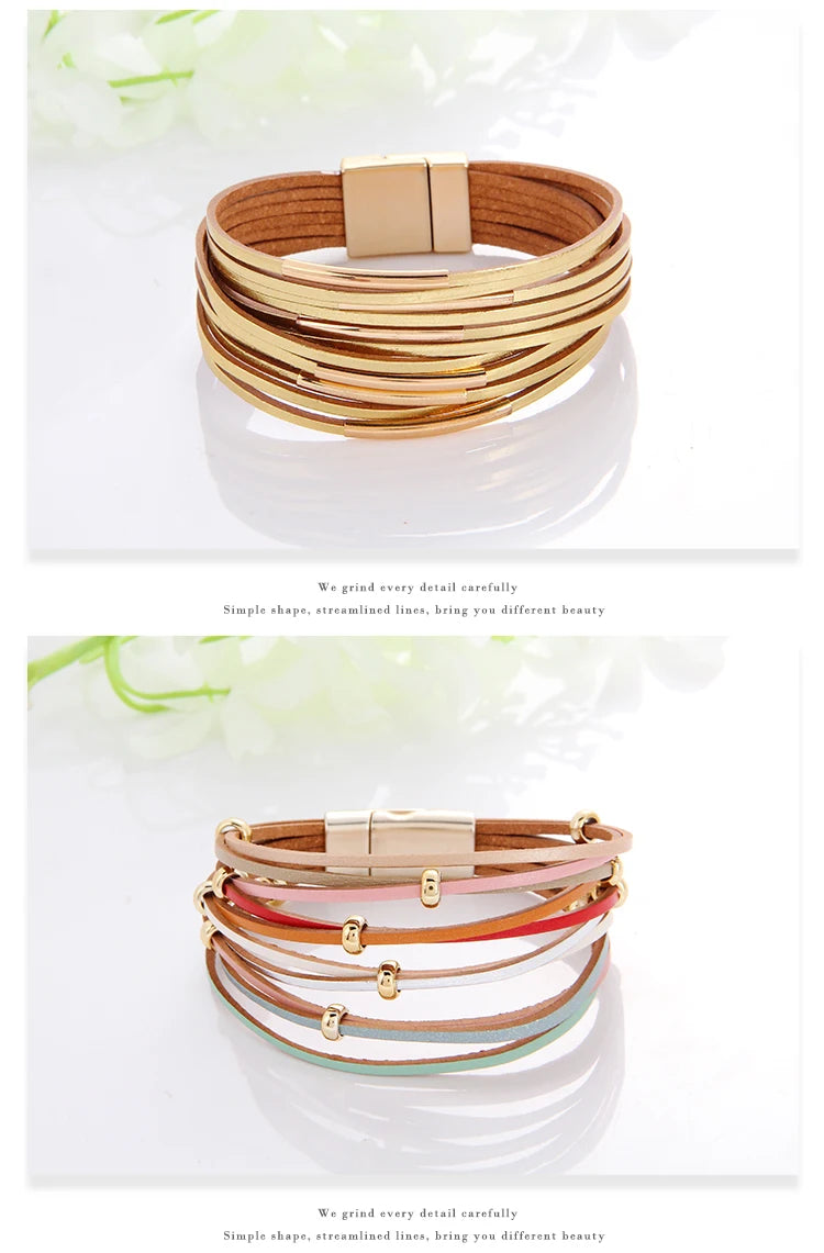 WYBU Multilayer Leather Bracelet For Women Magnet Clasp Charm Braided Wide Wrap Bracelets Bangles Female Bohemian Style Jewelry