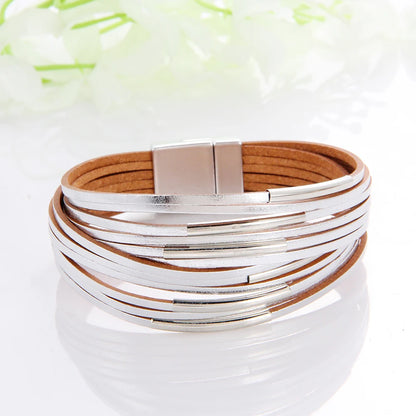 WYBU Multilayer Leather Bracelet For Women Magnet Clasp Charm Braided Wide Wrap Bracelets Bangles Female Bohemian Style Jewelry