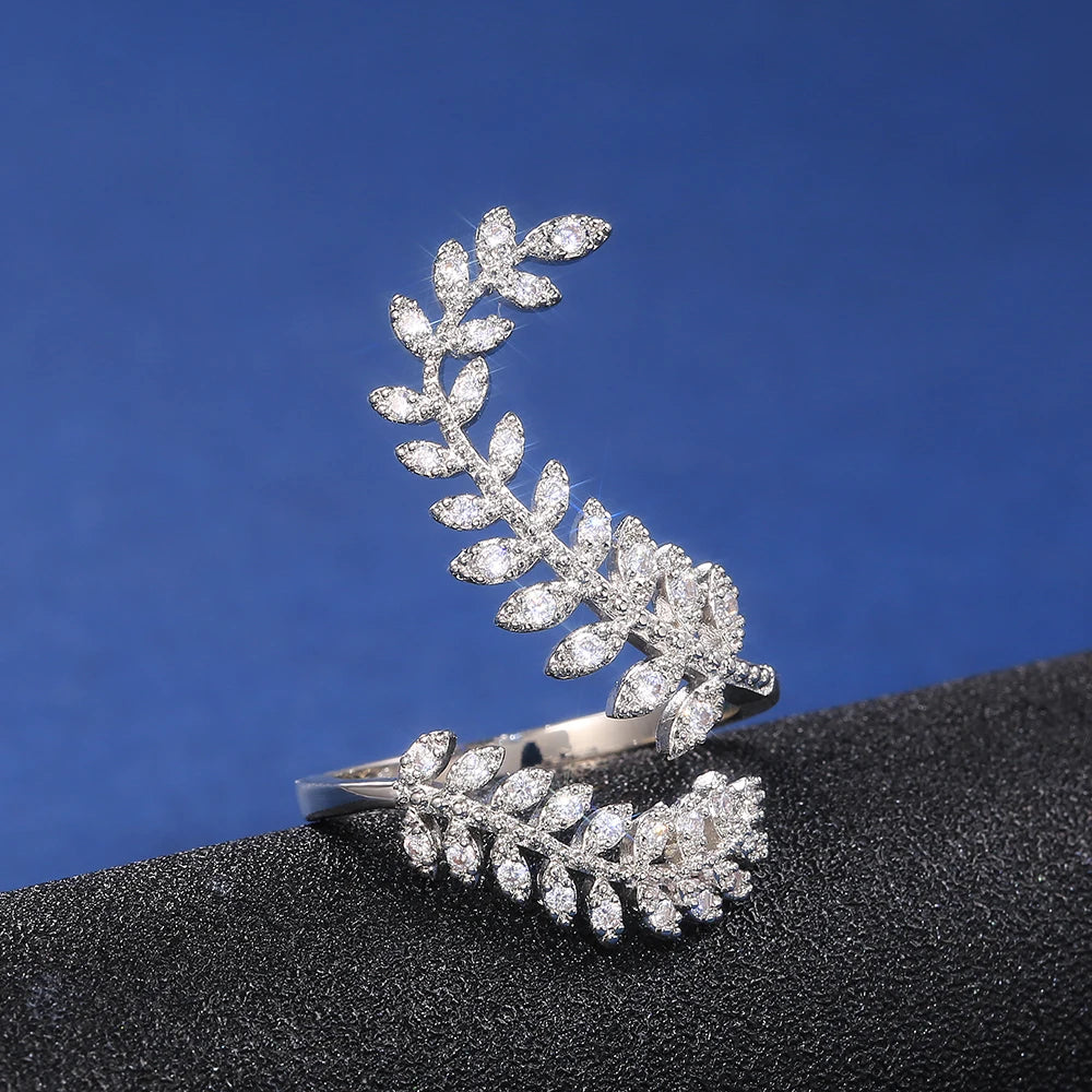 Huitan Graceful Leaves Both End of Open Ring Silver Color Girl Cocktail Party Rings Shine Crystal Zircon Fashion Women Jewelry