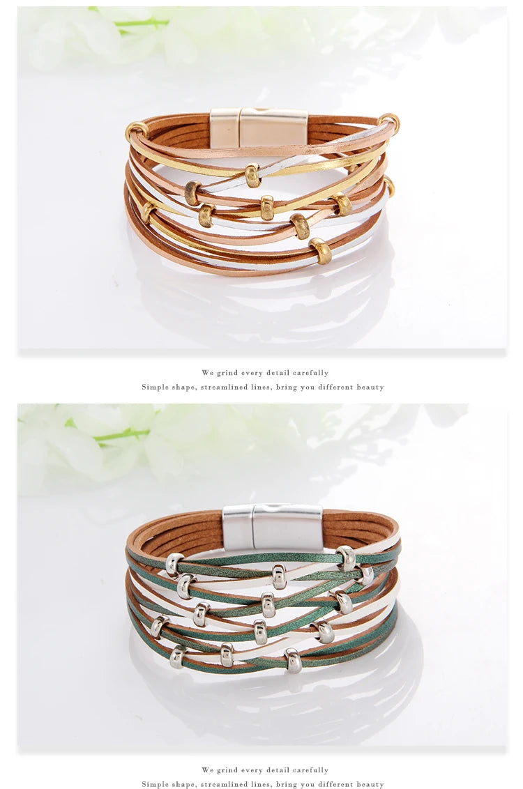 WYBU Multilayer Leather Bracelet For Women Magnet Clasp Charm Braided Wide Wrap Bracelets Bangles Female Bohemian Style Jewelry