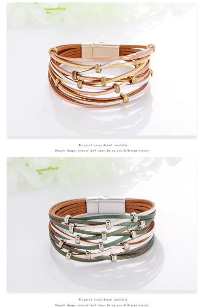 WYBU Multilayer Leather Bracelet For Women Magnet Clasp Charm Braided Wide Wrap Bracelets Bangles Female Bohemian Style Jewelry