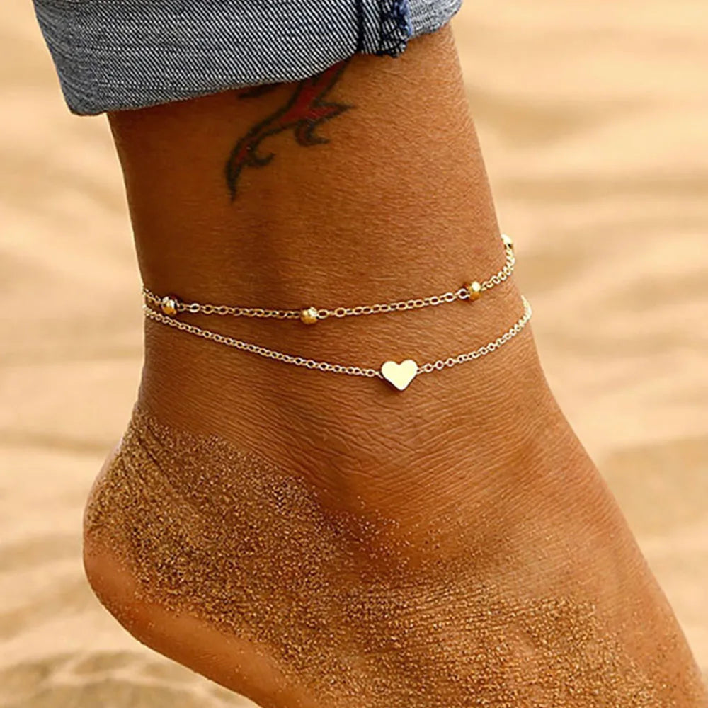 IPARAM Women's Anklet Bohemian Layered Heart Anklet 2021 Summer Beach Anklets On Foot Ankle Bracelets For Women Leg Chain