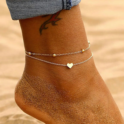 IPARAM Women's Anklet Bohemian Layered Heart Anklet 2021 Summer Beach Anklets On Foot Ankle Bracelets For Women Leg Chain