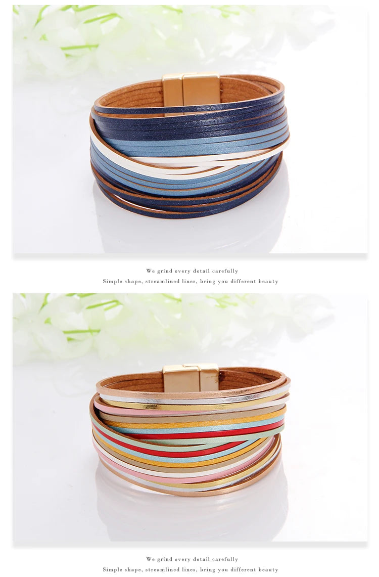 WYBU Multilayer Leather Bracelet For Women Magnet Clasp Charm Braided Wide Wrap Bracelets Bangles Female Bohemian Style Jewelry