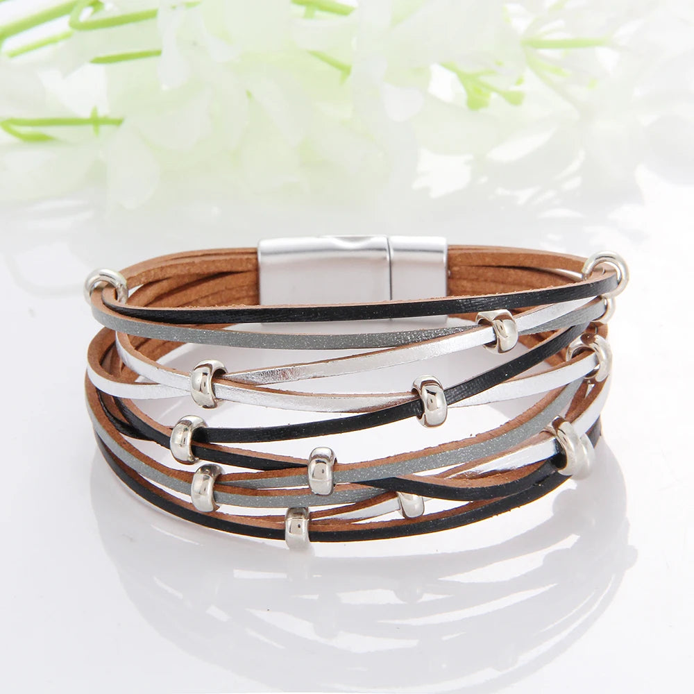 WYBU Multilayer Leather Bracelet For Women Magnet Clasp Charm Braided Wide Wrap Bracelets Bangles Female Bohemian Style Jewelry