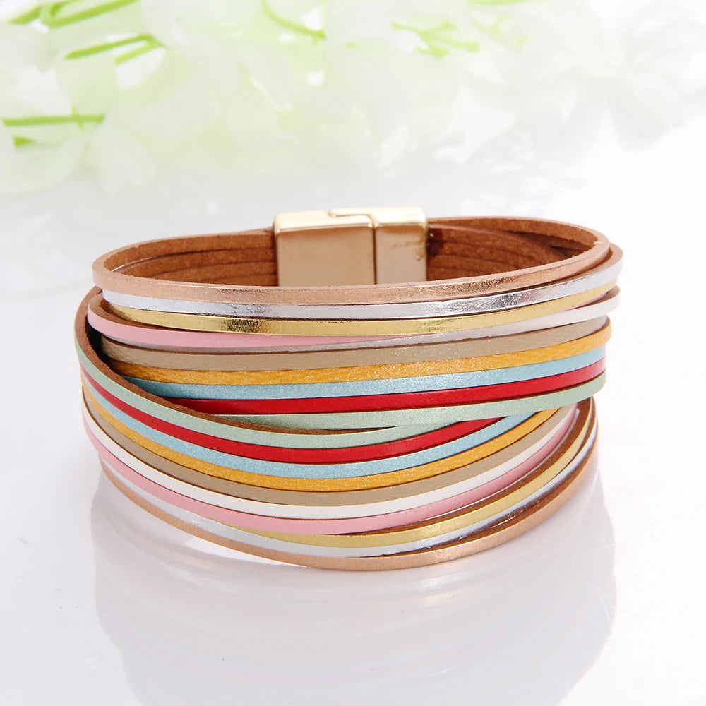 WYBU Multilayer Leather Bracelet For Women Magnet Clasp Charm Braided Wide Wrap Bracelets Bangles Female Bohemian Style Jewelry
