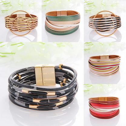 WYBU Multilayer Leather Bracelet For Women Magnet Clasp Charm Braided Wide Wrap Bracelets Bangles Female Bohemian Style Jewelry
