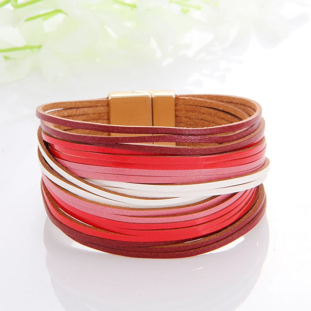 WYBU Multilayer Leather Bracelet For Women Magnet Clasp Charm Braided Wide Wrap Bracelets Bangles Female Bohemian Style Jewelry