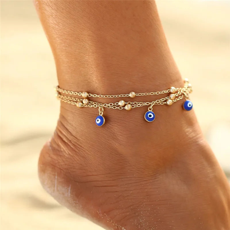 Fashion Colorful Turkish Eyes Anklets for Women Charm Gold Color Beads Pendant barefoot sandals Anklet Foot Jewelry Accessories