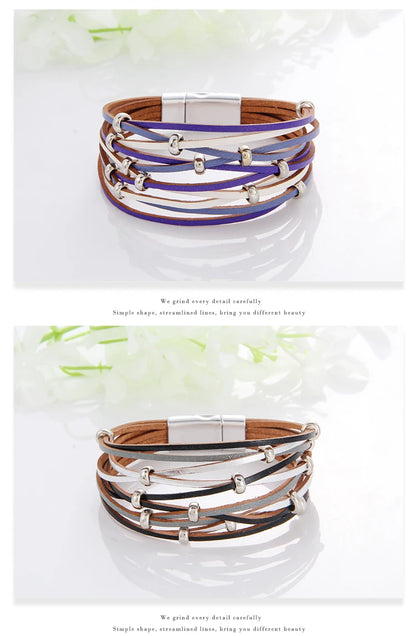 WYBU Multilayer Leather Bracelet For Women Magnet Clasp Charm Braided Wide Wrap Bracelets Bangles Female Bohemian Style Jewelry