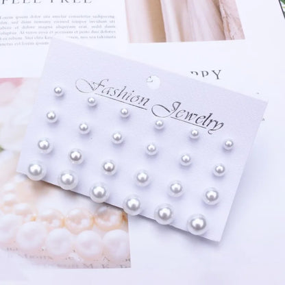 Trendy 12 Pairs/Set Cute Triangle Crystal Heart Stud Earrings for Women Ball Simulated Pearl Flower Brincos