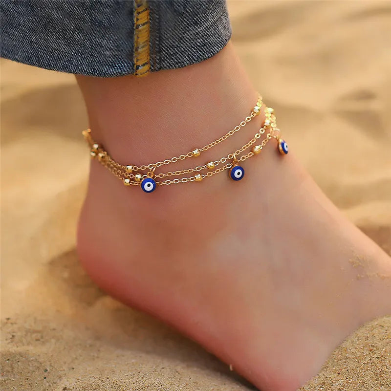 Fashion Colorful Turkish Eyes Anklets for Women Charm Gold Color Beads Pendant barefoot sandals Anklet Foot Jewelry Accessories
