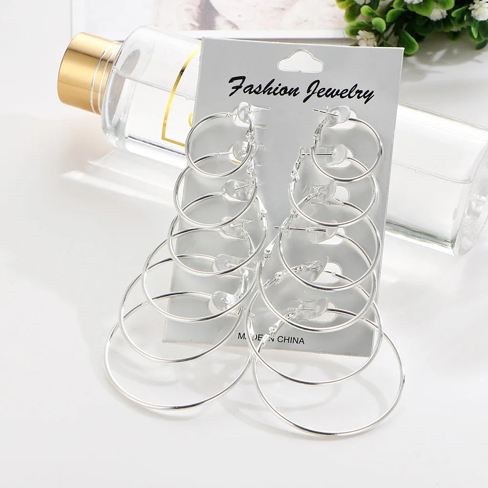 6 Pairs/set korean Hoop Earrings Set Oversized Big Circle Earring Fashion Jewelry for Women Girls Steampunk Ear Clip Brincos