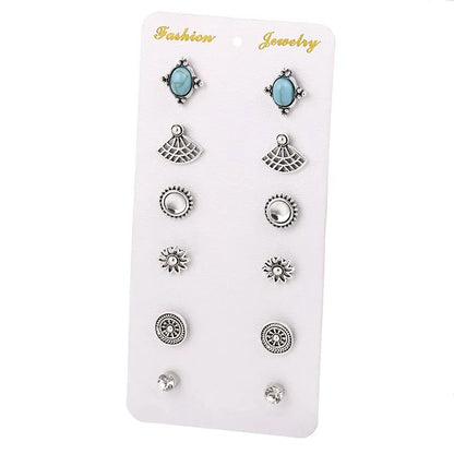Trendy 12 Pairs/Set Cute Triangle Crystal Heart Stud Earrings for Women Ball Simulated Pearl Flower Brincos