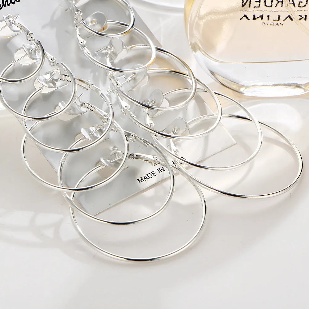 6 Pairs/set korean Hoop Earrings Set Oversized Big Circle Earring Fashion Jewelry for Women Girls Steampunk Ear Clip Brincos