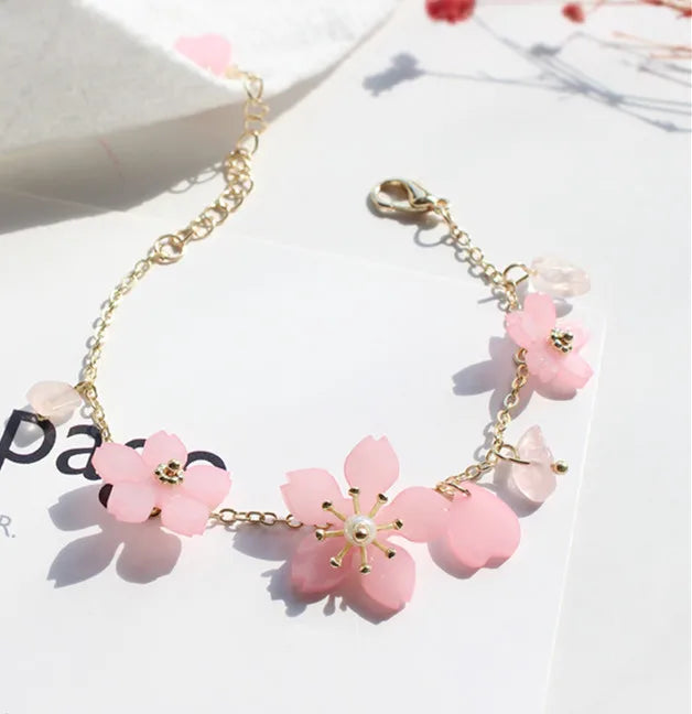 The new flower bracelet with pink cherry blossom green pearl small pure and fresh and heartly sweet bracelet