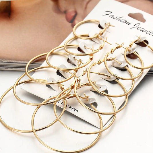 6 Pairs/set korean Hoop Earrings Set Oversized Big Circle Earring Fashion Jewelry for Women Girls Steampunk Ear Clip Brincos