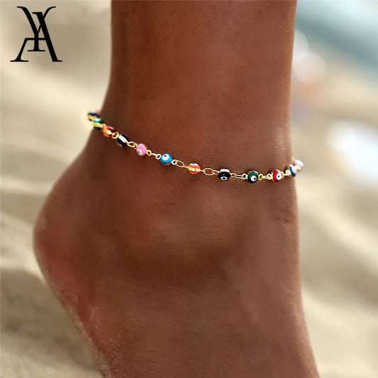 Fashion Colorful Turkish Eyes Anklets for Women Charm Gold Color Beads Pendant barefoot sandals Anklet Foot Jewelry Accessories