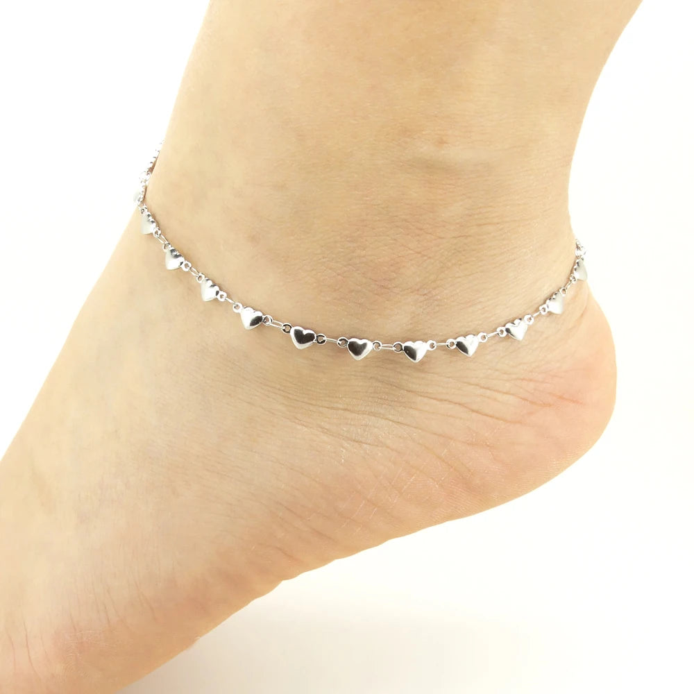 Barefoot Sandals Women Ankel Bracelets 18K Gold Color Solid Stainless Steel Anklets High Polished Heart Charm 9"-11" Waterproof