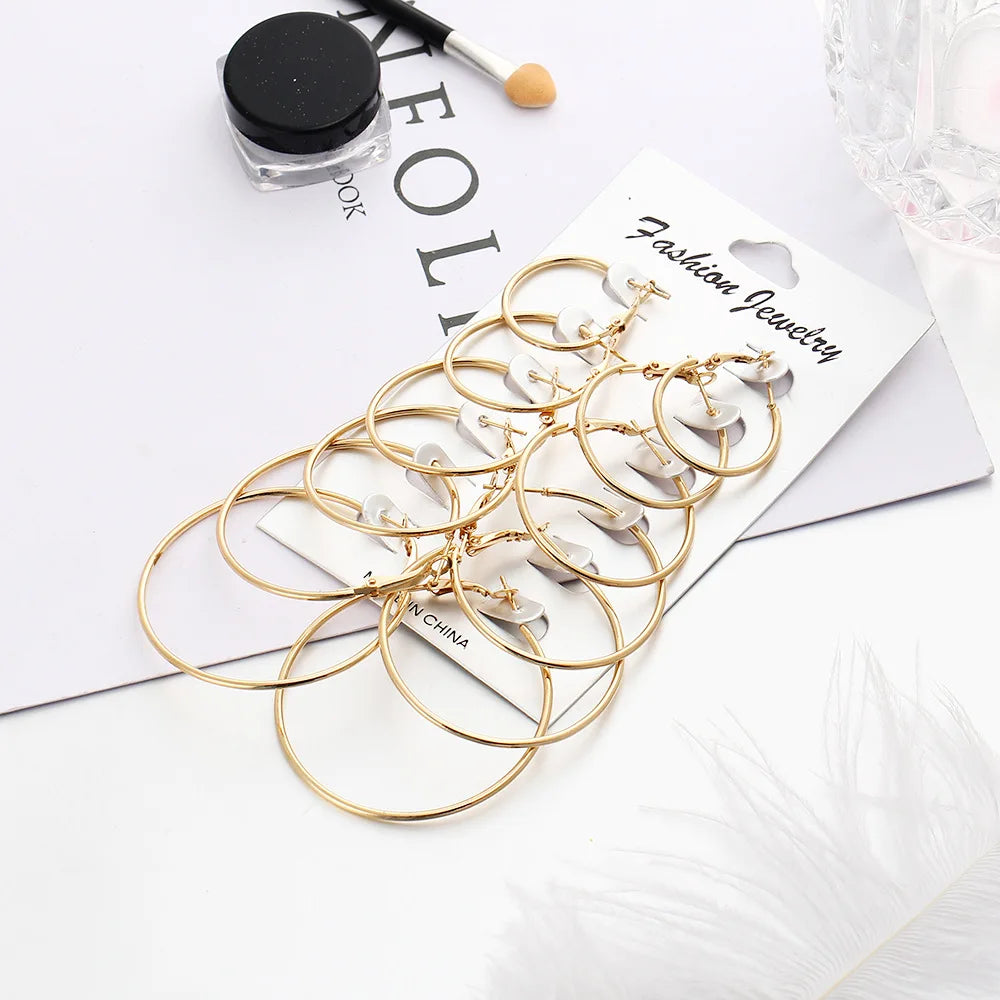 6 Pairs/set korean Hoop Earrings Set Oversized Big Circle Earring Fashion Jewelry for Women Girls Steampunk Ear Clip Brincos
