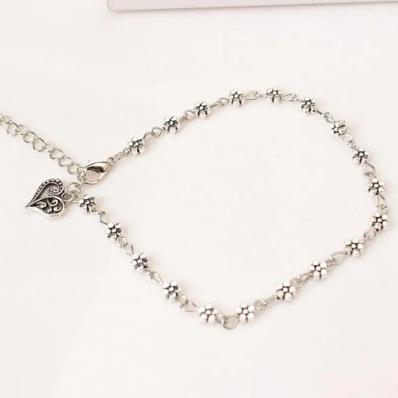 Hot Fashion Retro Jewelry Ancient Silver Hollow Plum Flower Anklets,heart-shaped Anklets For Women Sandalias Mujertrendy Summer