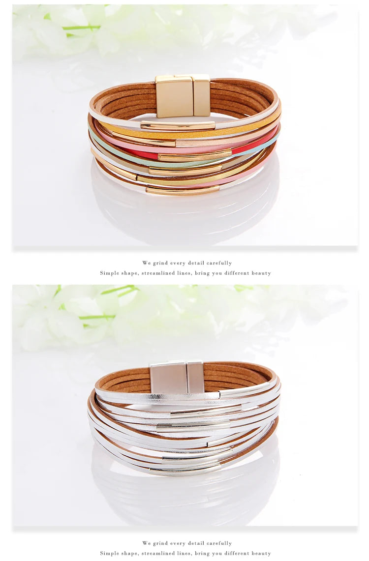 WYBU Multilayer Leather Bracelet For Women Magnet Clasp Charm Braided Wide Wrap Bracelets Bangles Female Bohemian Style Jewelry