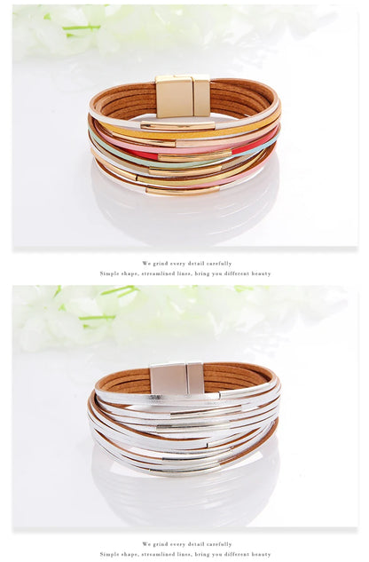 WYBU Multilayer Leather Bracelet For Women Magnet Clasp Charm Braided Wide Wrap Bracelets Bangles Female Bohemian Style Jewelry