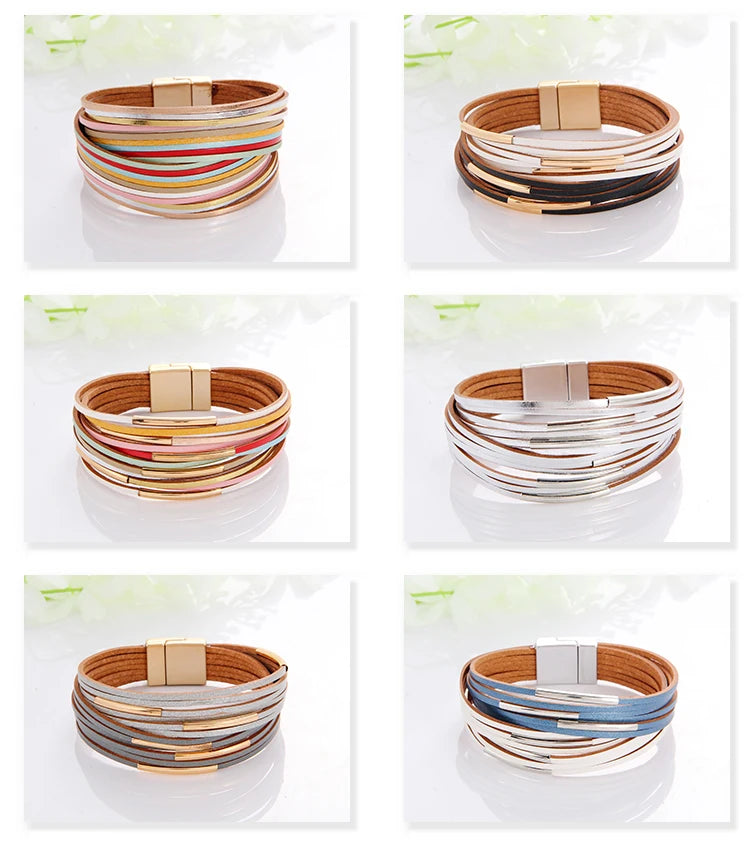 WYBU Multilayer Leather Bracelet For Women Magnet Clasp Charm Braided Wide Wrap Bracelets Bangles Female Bohemian Style Jewelry