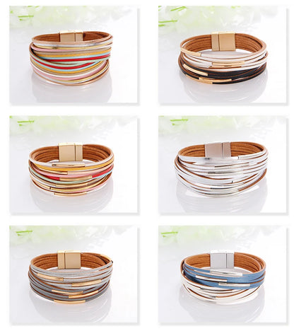 WYBU Multilayer Leather Bracelet For Women Magnet Clasp Charm Braided Wide Wrap Bracelets Bangles Female Bohemian Style Jewelry