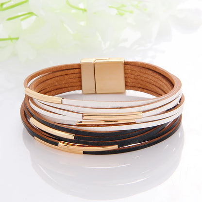 WYBU Multilayer Leather Bracelet For Women Magnet Clasp Charm Braided Wide Wrap Bracelets Bangles Female Bohemian Style Jewelry
