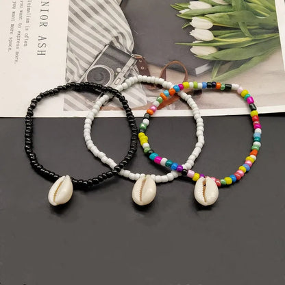 Boho Rainbow Foot/Ankle  for Women Small Colorful seed Beads Anklet Nature Shell Charms Elastic Beaded Bracelet on the Leg