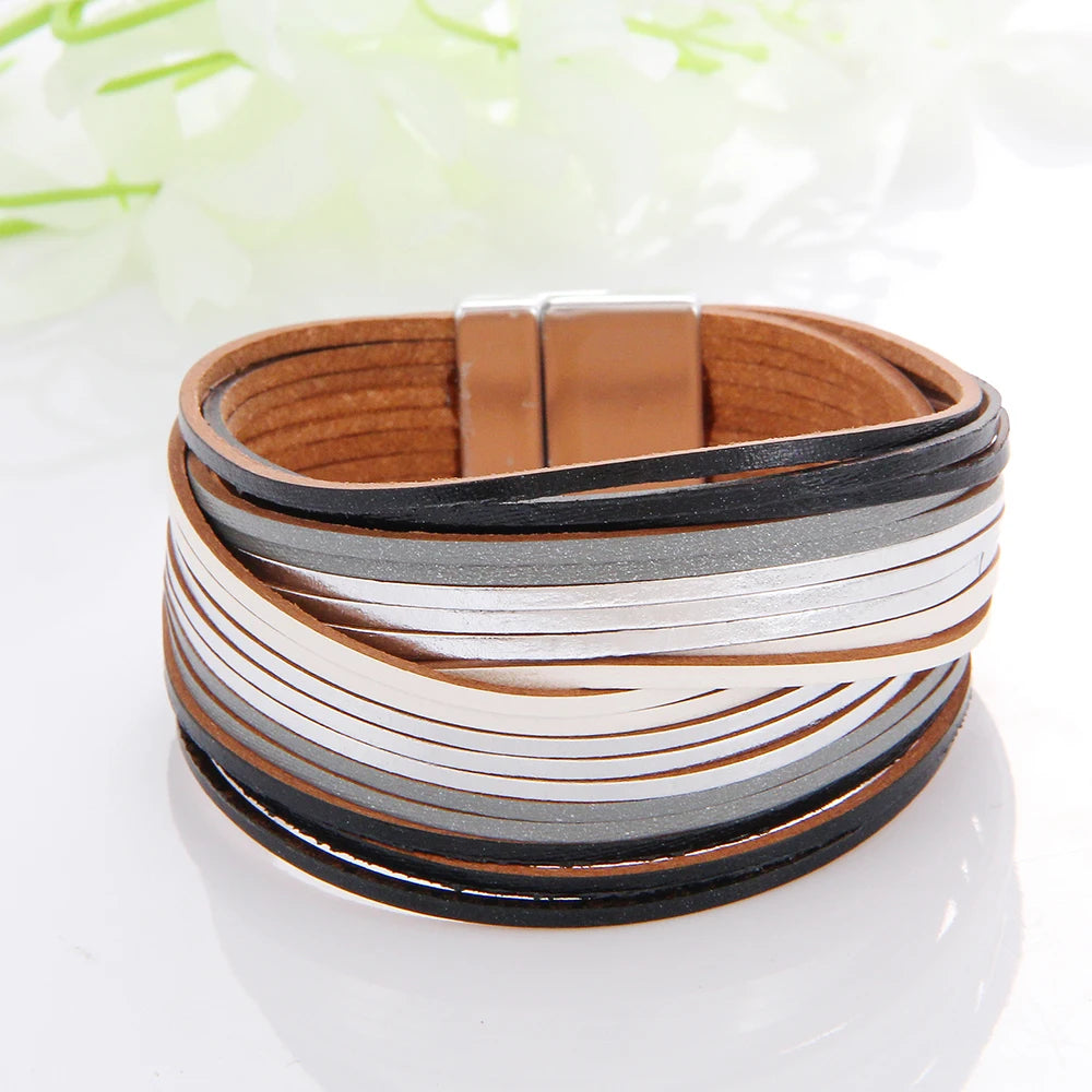 WYBU Multilayer Leather Bracelet For Women Magnet Clasp Charm Braided Wide Wrap Bracelets Bangles Female Bohemian Style Jewelry