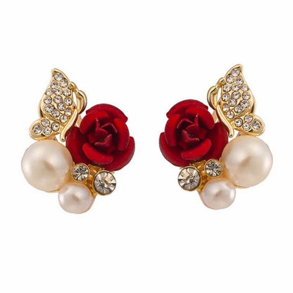 Fashion Red Rose Rhinestone Stud Earrings For Women Butterfly Angel Wings Pearl Flowers Earring Bride Wedding Engagement Jewelry