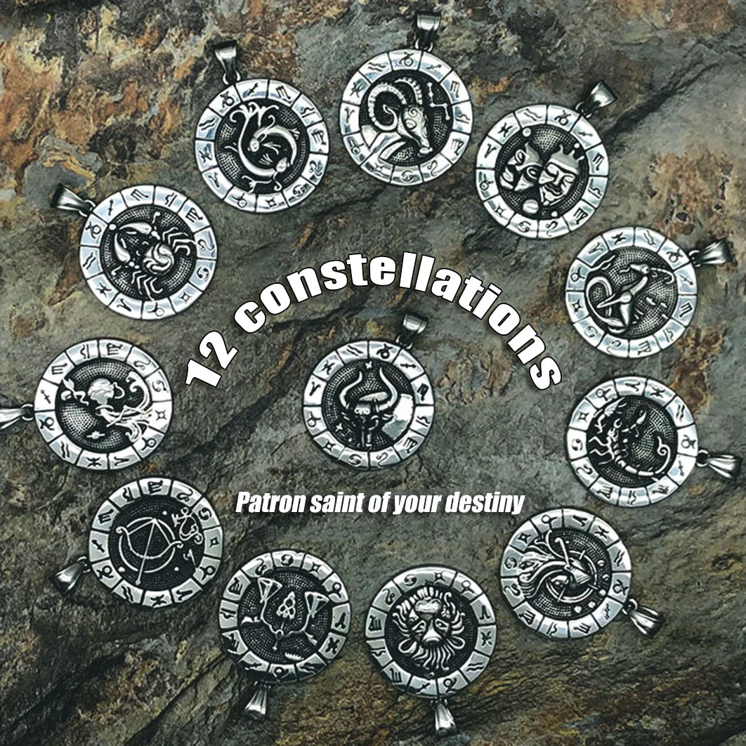 12 Constellation Zodian Signs Pendants Unique Design Horoscope Two-Sided Pendant Necklace for Men Women Jewelry Birthday Gifts