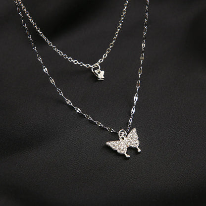 LATS New Elegant Silver color Shiny Butterfly Necklaces Ladies Exquisite Double Layer Clavicle Chain Necklace Jewelry Gift