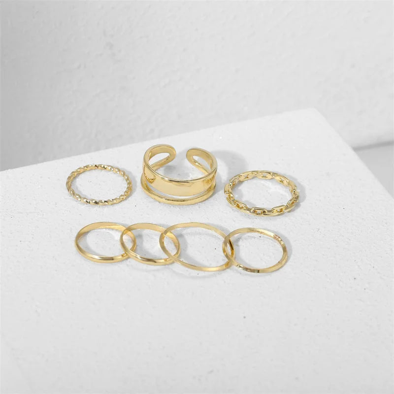 7pcs Fashion Jewelry Rings Set Hot Selling Metal Alloy Hollow Round Opening Women Finger Ring For Girl Lady Party Wedding Gifts