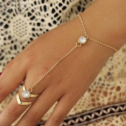 Gold Big Crystal Ring Bracelet For Women Wrist Chain Jewelry Hand Back Chain Fashion Bangles Female Arm Link Ornaments Gifts