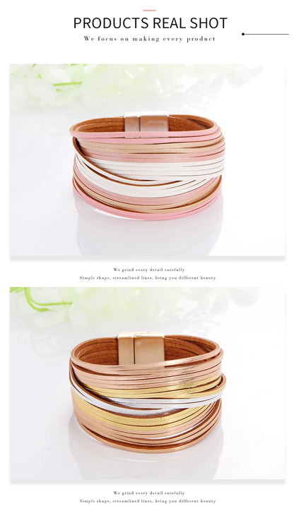 WYBU Multilayer Leather Bracelet For Women Magnet Clasp Charm Braided Wide Wrap Bracelets Bangles Female Bohemian Style Jewelry