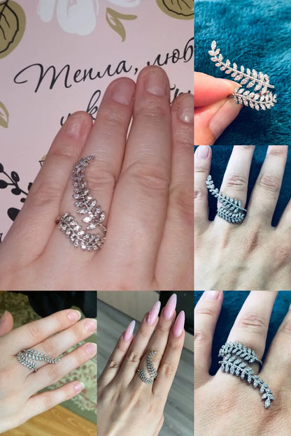 Huitan Graceful Leaves Both End of Open Ring Silver Color Girl Cocktail Party Rings Shine Crystal Zircon Fashion Women Jewelry