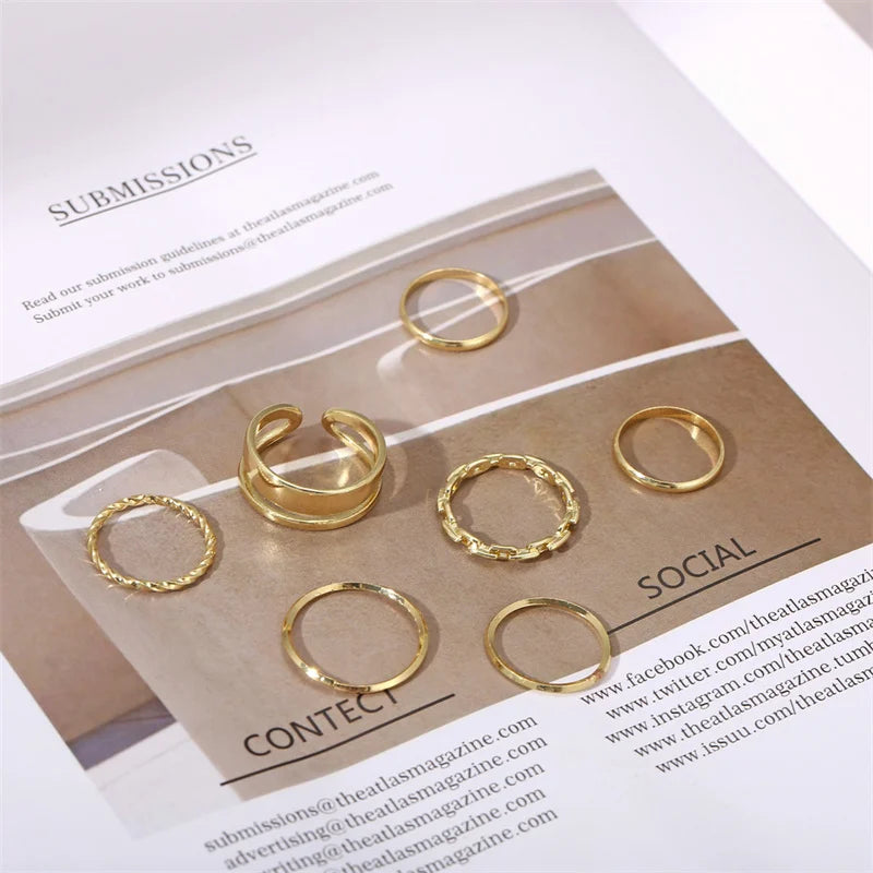 7pcs Fashion Jewelry Rings Set Hot Selling Metal Alloy Hollow Round Opening Women Finger Ring For Girl Lady Party Wedding Gifts