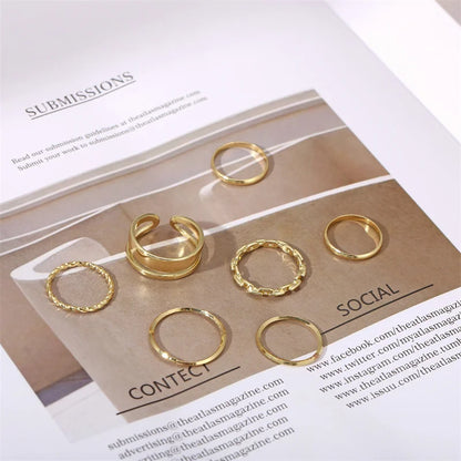 7pcs Fashion Jewelry Rings Set Hot Selling Metal Alloy Hollow Round Opening Women Finger Ring For Girl Lady Party Wedding Gifts