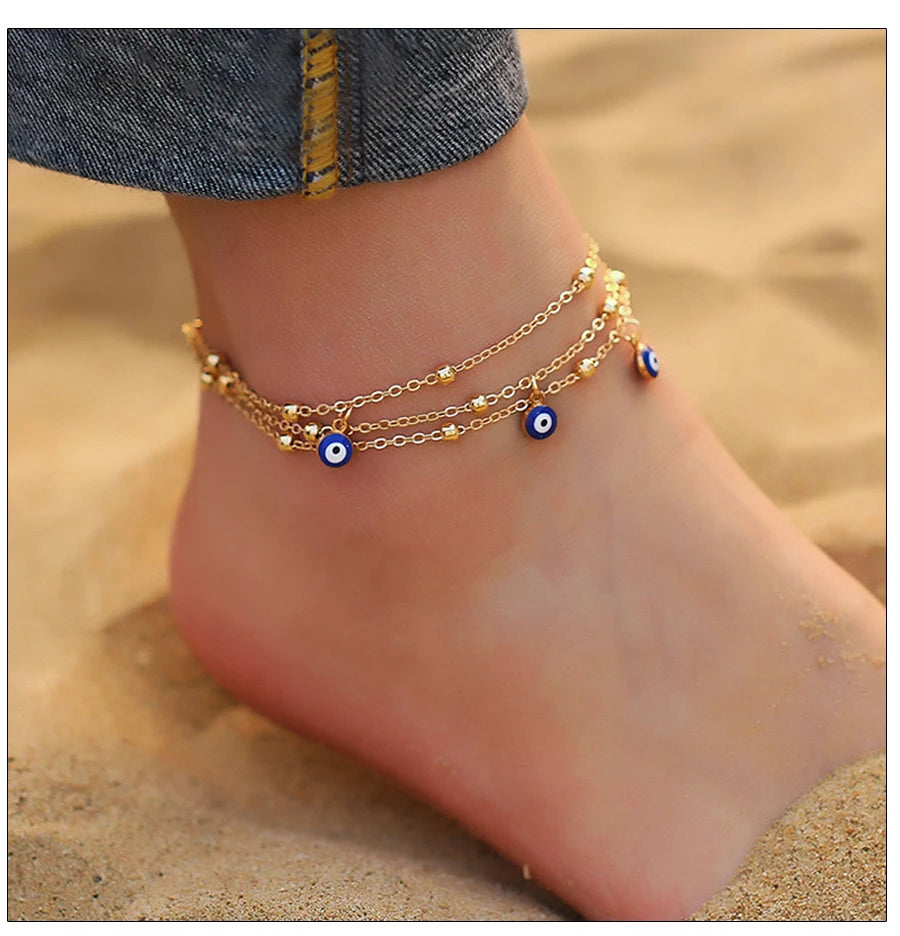Fashion Colorful Turkish Eyes Anklets for Women Charm Gold Color Beads Pendant barefoot sandals Anklet Foot Jewelry Accessories