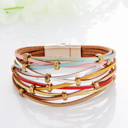 WYBU Multilayer Leather Bracelet For Women Magnet Clasp Charm Braided Wide Wrap Bracelets Bangles Female Bohemian Style Jewelry