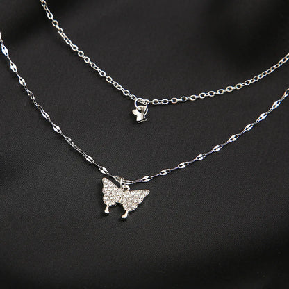 LATS New Elegant Silver color Shiny Butterfly Necklaces Ladies Exquisite Double Layer Clavicle Chain Necklace Jewelry Gift
