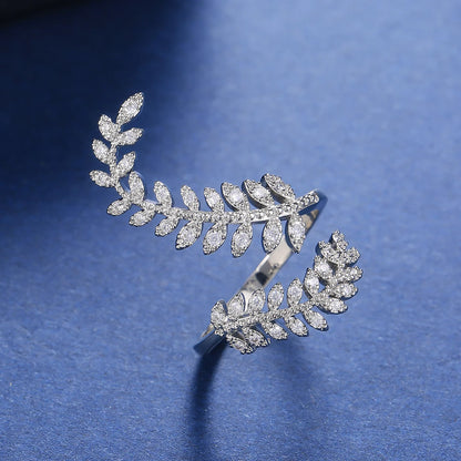 Huitan Graceful Leaves Both End of Open Ring Silver Color Girl Cocktail Party Rings Shine Crystal Zircon Fashion Women Jewelry
